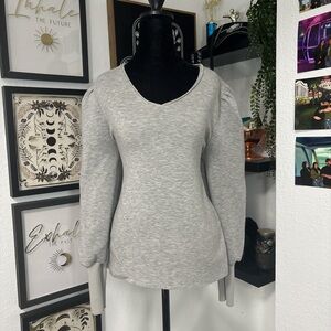 White House Black Market Gray Puff-Sleeve V Neck Knit Top Size M